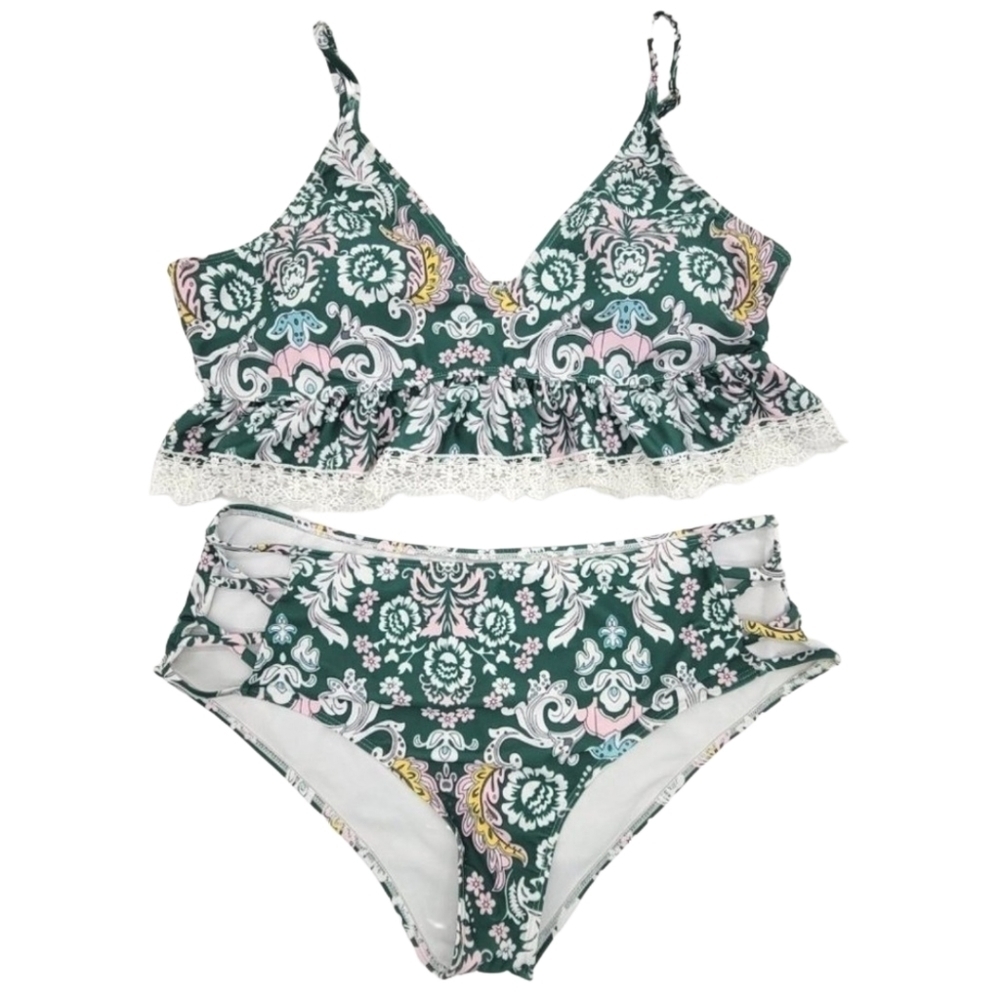 Womens Bikini Plus Size 3Xl 18 Swimsuit Shein Green Paisley Floral 2 Piece Beach